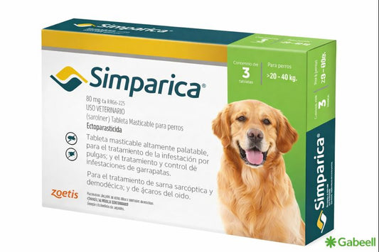 simparica antipulgas oral para perros 20 a 40 kg empaque